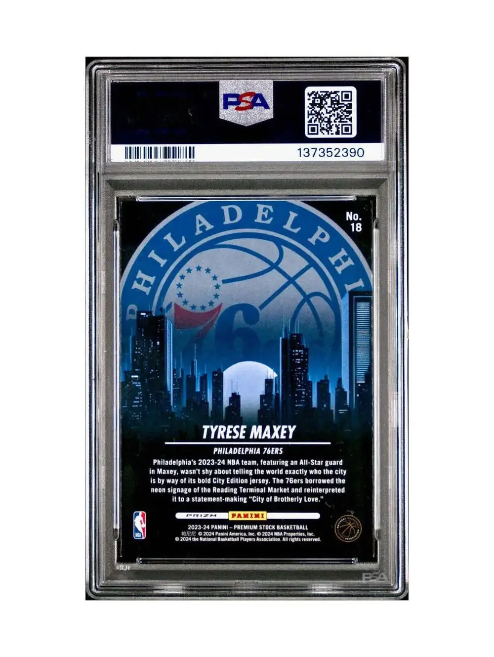 Tyrese Maxey 2023 Panini Hoops Premium City Edition #18 Disco Prizm PSA 8 NM-MT